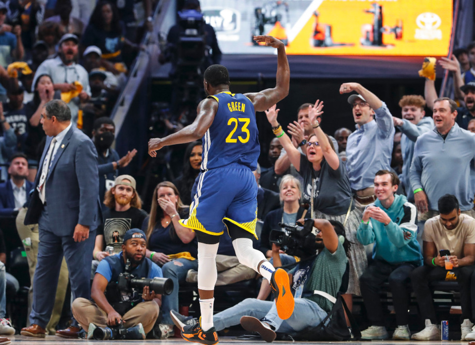 <strong>Golden State Warriors forward Draymond Green runs off the court after being called for a flagrant two foul during action against the Memphis Grizzlies on Sunday, May 1, 2022.</strong> (Mark Weber/The Daily Memphian)