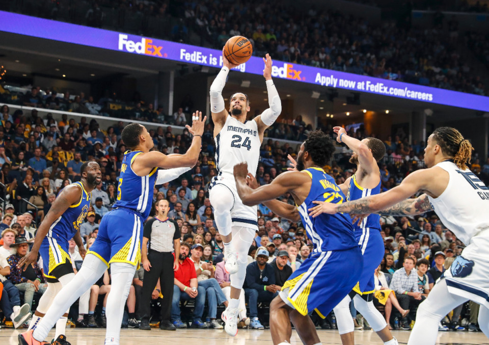 <strong>Memphis Grizzlies guard Dillon Brooks (middle) drives the lane against the Golden State Warriors on Sunday, May 1, 2022.</strong> (Mark Weber/The Daily Memphian)