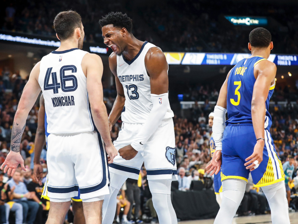 <strong>Memphis Grizzlies forward Jaren Jackson Jr., (middle) celebrates a basket against the Golden State Warriors on Sunday, May 1, 2022.</strong> (Mark Weber/The Daily Memphian)