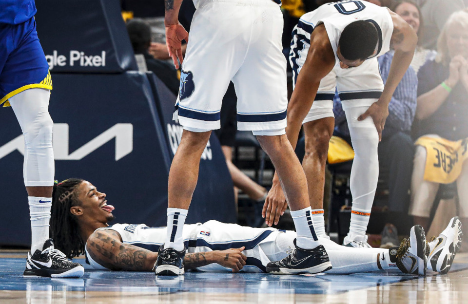<strong>Memphis Grizzlies guard Ja Morant celebrates taking a charging foul against the Golden State Warriors on Sunday, May 1, 2022.</strong> (Mark Weber/The Daily Memphian)