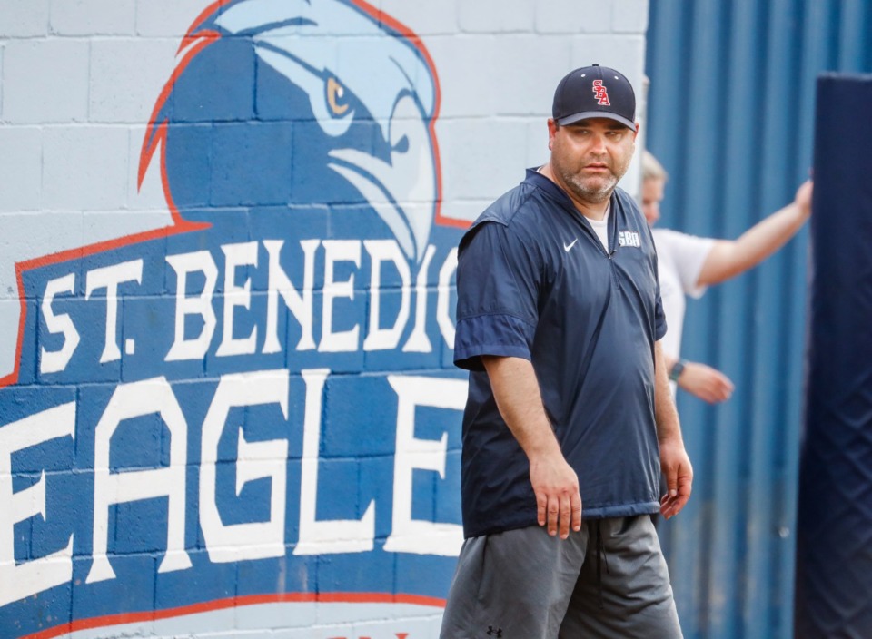 <strong>St. Benedict coach Correy Gex watches his team in the game against Tipton-Rosemark on Monday, May 2, 2022.</strong> (Mark Weber/The Daily Memphian)