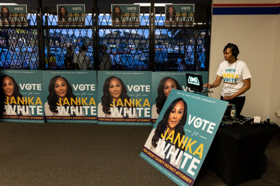 <strong>People gather in support of Janika White at her election party on May 3 while the votes for the district attorney primary are counted.&nbsp;</strong>(Brad Vest/Special to The Daily Memphian)