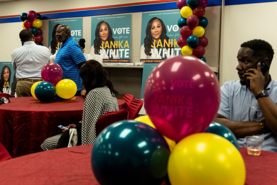 <strong>People gather in support of Janika White at an election party during the primary race for Shelby County district attorney May 3.&nbsp;</strong>(Brad Vest/Special to The Daily Memphian)