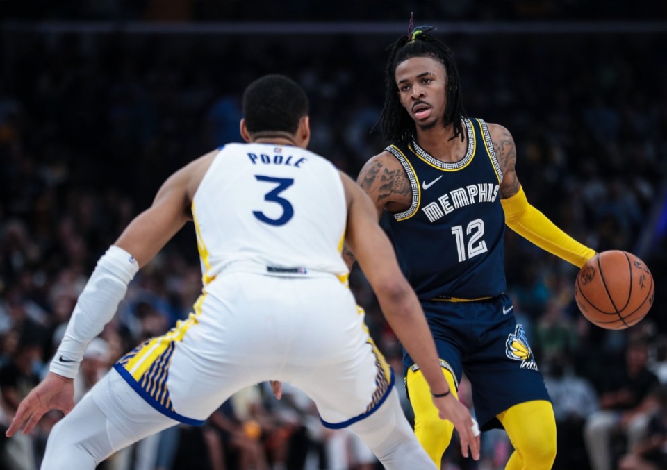 <strong>Memphis Grizzlies guard Ja Morant (12) brings the ball upcourt in the May 3, 2022, playoff game against the Golden State Warriors at FedExForum.</strong> (Patrick Lantrip/Daily Memphian)