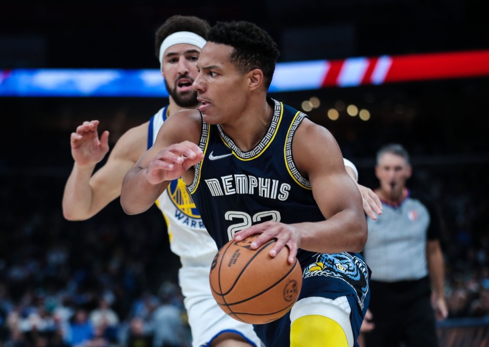 <strong>Memphis Grizzlies guard Desmond Bane (22) drives to the basket on May 3 against the Golden State Warriors at FedExForum.</strong> (Patrick Lantrip/Daily Memphian)