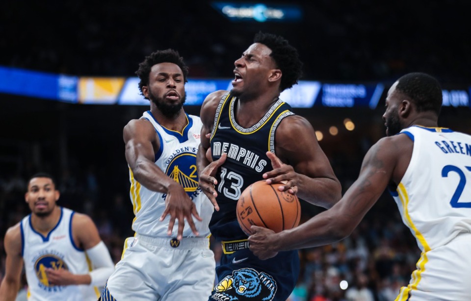 <strong>Memphis Grizzlies forward Jaren Jackson Jr. (13) gets fouled during the May 3 playoff game against the Golden State Warriors.</strong> (Patrick Lantrip/Daily Memphian)