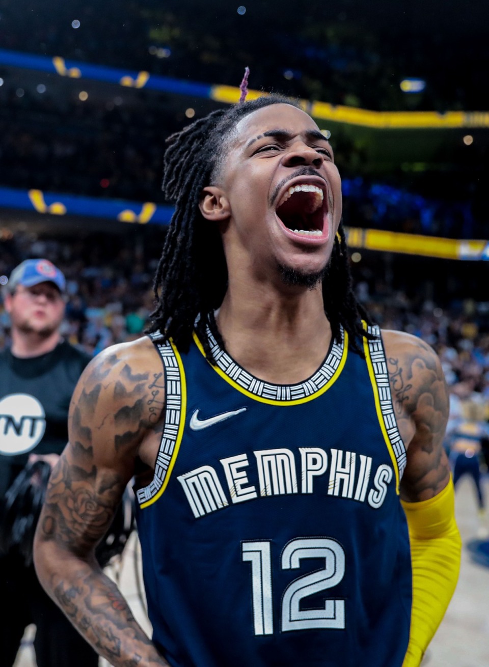 <strong>Memphis Grizzlies guard Ja Morant (12) celebrates after the May 3 playoff victory over the Golden State Warriors at FedExForum.</strong> (Patrick Lantrip/Daily Memphian)