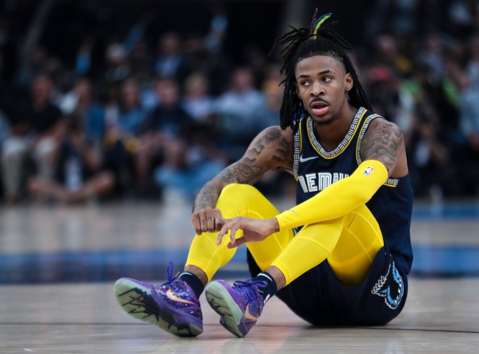 <strong>Memphis Grizzlies guard Ja Morant (12) watches the refs after a call during the May 3, 2022, playoff game against the Golden State Warriors at FedExForum.</strong> (Patrick Lantrip/Daily Memphian)