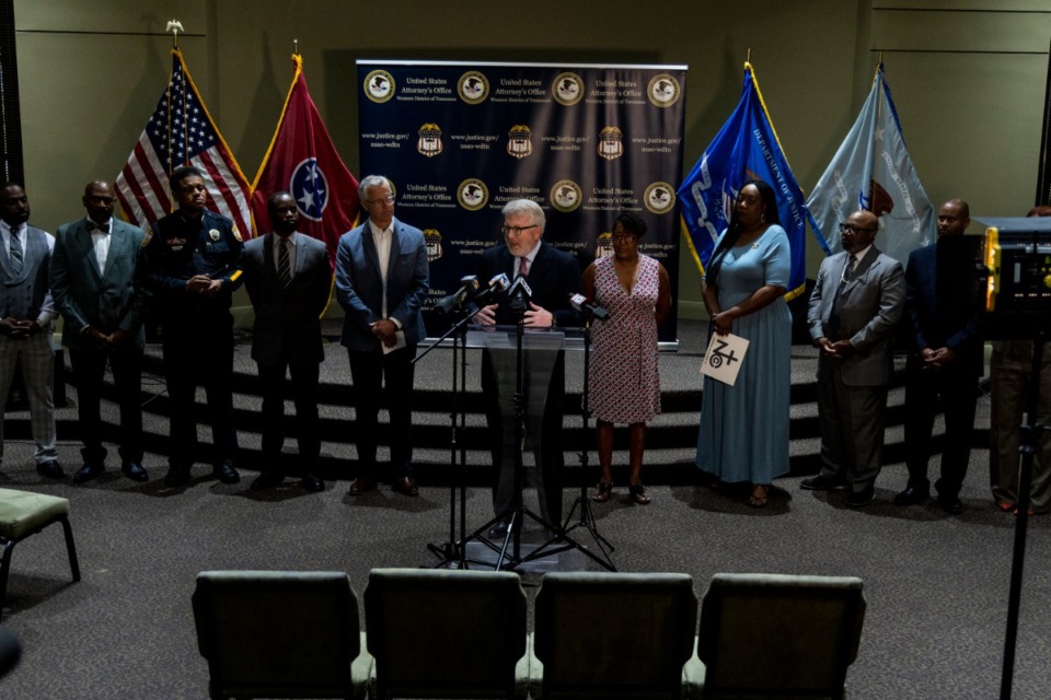 <strong>United States Attorney Joseph C. Murphy Jr. (center) speaks during a press conference announcing the next Better Community Summit at the Neighborhood Christian Center.</strong>&nbsp;(Brad Vest/Special to The Daily Memphian)