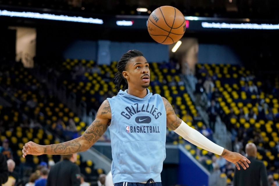 <strong>Memphis Grizzlies guard Ja Morant warms up before Game 3 of the team's NBA basketball playoff Western Conference semifinal against the Golden State Warriors in San Francisco, Saturday, May 7, 2022.</strong> (AP Photo/Jeff Chiu)