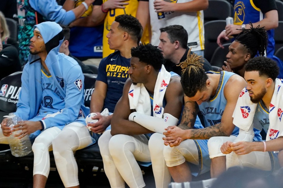<strong>Memphis Grizzlies sit on the bench during the second half of Game 3 of an NBA basketball Western Conference playoff semifinal against the Golden State Warriors in San Francisco, Saturday, May 7, 2022.</strong> (AP Photo/Jeff Chiu)