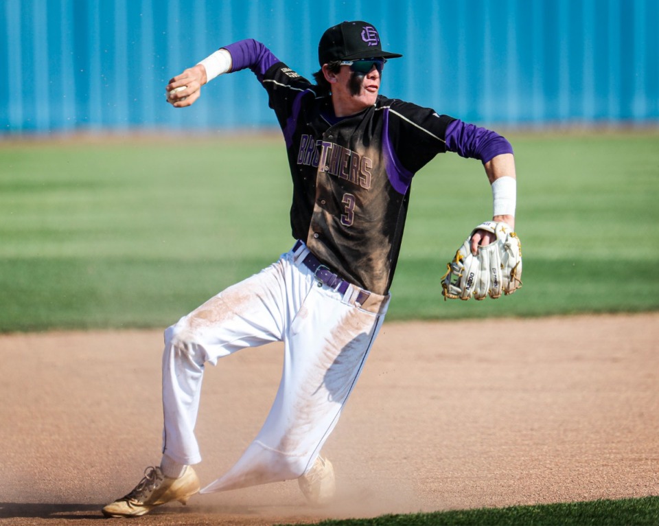 <strong>CBHS third baseman Nathan Ferris steps on his own pants leg in the game against Briarcrest on Monday, May 9, 2022.</strong> (Mark Weber/The Daily Memphian)