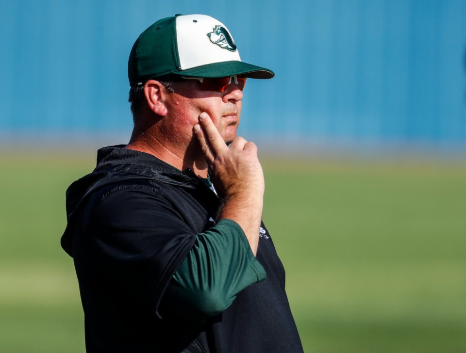 <strong>Briarcrest head coach Craig Hopkins watches his team take on CBHS on Monday, May 9, 2022.</strong> (Mark Weber/The Daily Memphian)