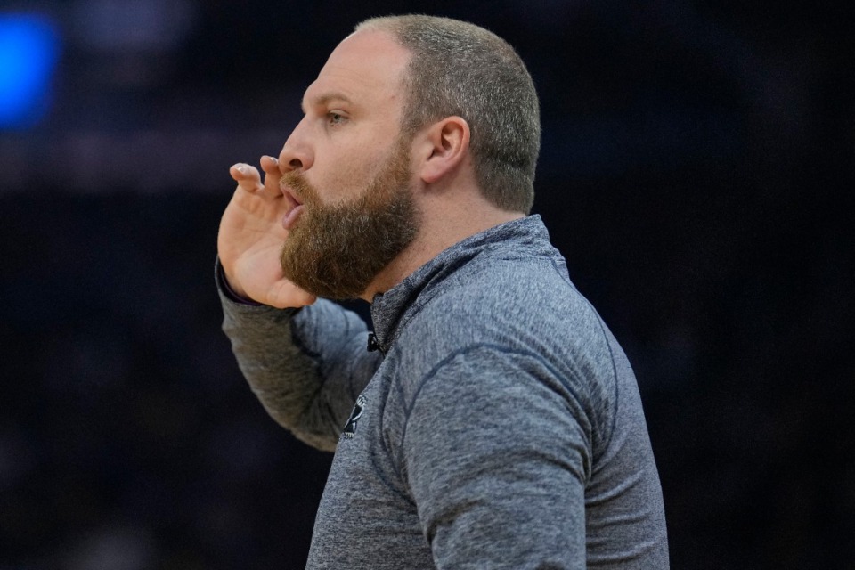 <strong>Memphis Grizzlies head coach Taylor Jenkins calls to players during the game against Golden State on Monday, May 9.</strong> (Tony Avelar/Associated Press)