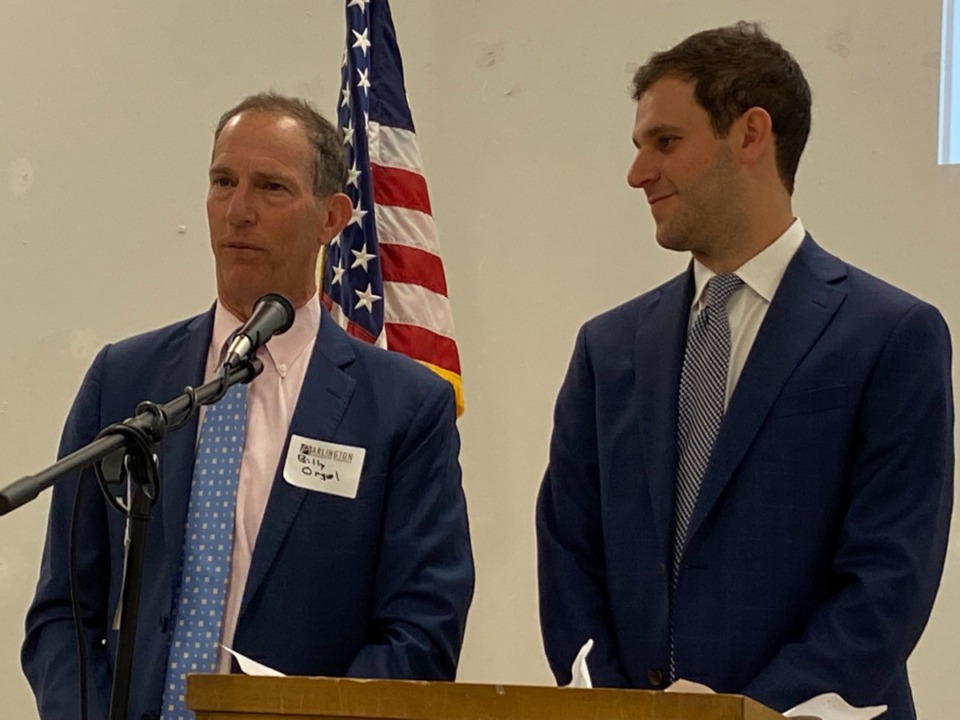 <strong>Billy Orgel (left) and his son Benjamin Orgel (right), developers of Providence Place, an&nbsp;estimated $100 million mixed-use project in Arlington, speak at a luncheon on Wednesday, May 11.</strong> (Michael Waddell/Special to the Daily Memphian)