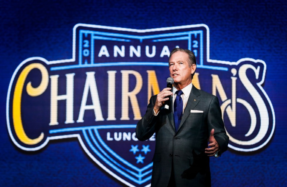<strong>Doug Browne, chairman of the Greater Memphis Chamber&rsquo;s board of directors, addresses attendees at the chamber's Annual Chairman's Luncheon on Dec. 7, 2021.</strong> (Mark Weber/The Daily Memphian file)