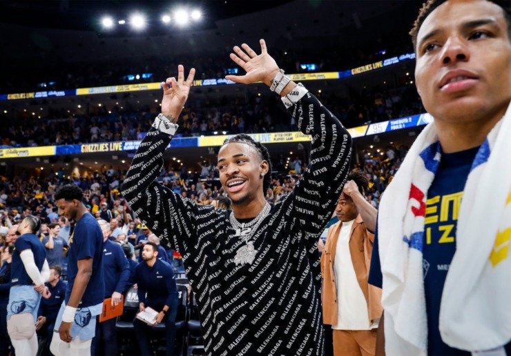 <strong>Memphis Grizzlies guard Ja Morant (middle) celebrates during a victory over the Golden State Warriors on Wednesday, May 11, 2022.</strong> (Mark Weber/The Daily Memphian)