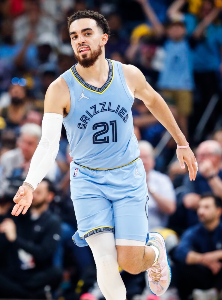 <strong>Memphis Grizzlies guard Tyus Jones celebrates a made 3-pointer against the Golden State Warriors during action on Wednesday, May 11, 2022.</strong> (Mark Weber/The Daily Memphian)