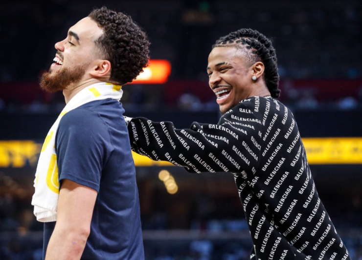 <strong>Memphis Grizzlies guard Tyus Jones (left) and Ja Morant (right) celebrate during a victory over the Golden State Warriors on Wednesday, May 11, 2022.</strong> (Mark Weber/The Daily Memphian)