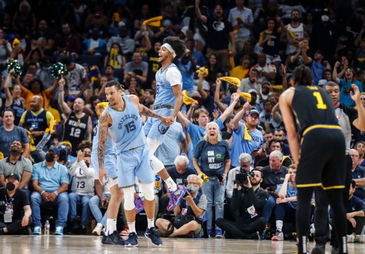<strong>Memphis Grizzlies forward Ziaire Williams (middle) celebrates during a victory over the Golden State Warriors on Wednesday, May 11, 2022.</strong> (Mark Weber/The Daily Memphian)
