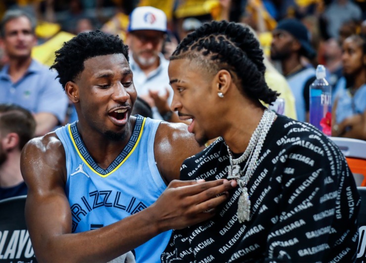 <strong>Memphis Grizzlies teammates Jaren Jackson Jr., (left) and Ja Morant (right) on the bench during a victory over the Golden State Warriors on Wednesday, May 11, 2022.</strong> (Mark Weber/The Daily Memphian)
