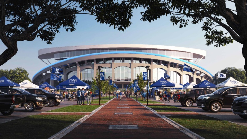 <strong>&ldquo;We need to look like we belong and we believe this accomplishes that,&rdquo; said U of M athletic director Laird Veatch. This rendering shows the entrance to the Simmons Bank Liberty Stadium after the proposed $150 million-plus renovation.</strong> (Courtesy University of Memphis)