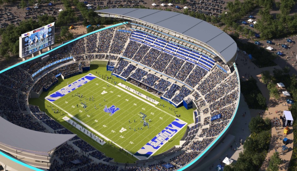 <strong>A rendering shows the Simmons Bank Liberty Stadium from overhead after the proposed $150 million-plus renovation.</strong> (Courtesy University of Memphis)