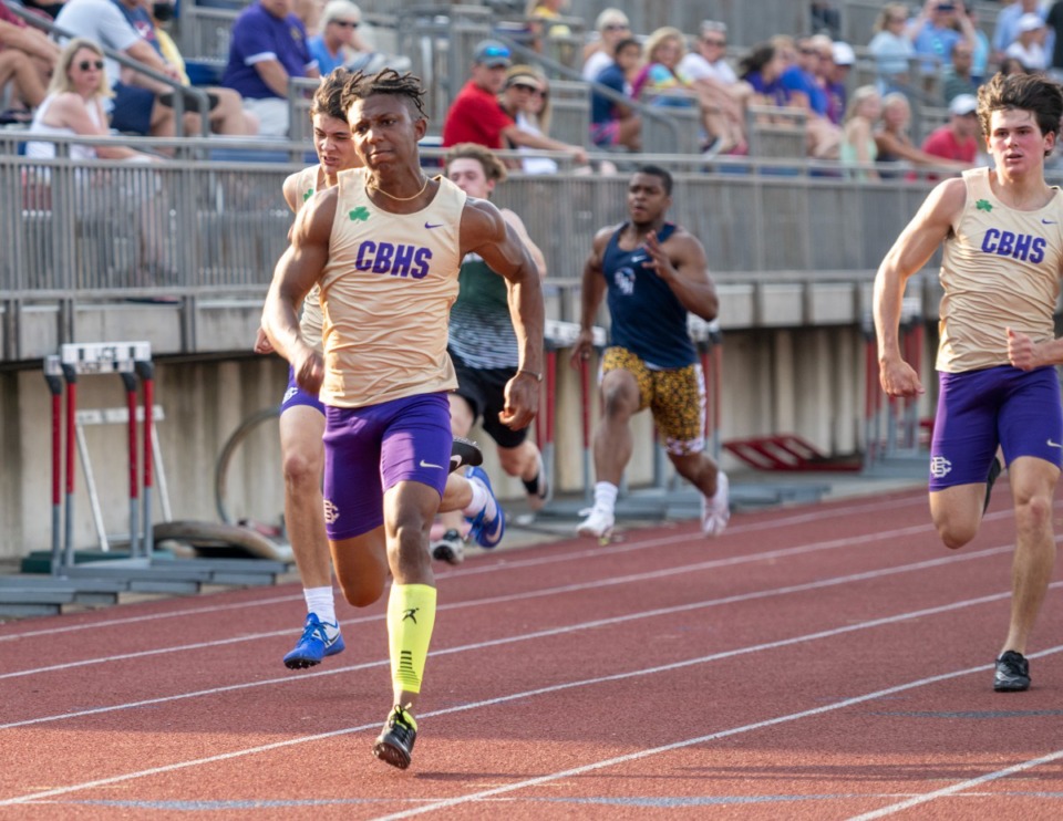 <strong>Jaxon Hammond of CBHS finished first in the men's 100-meter dash, setting a regional record, on Thursday, May 12, 2022.&nbsp;</strong>(Greg Campbell/Special to The Daily Memphian)