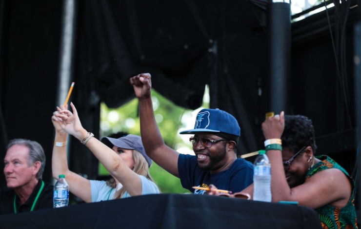 <strong>Judge Al Kapone cheers on the contestants in the Miss Piggy Idol competition during the second day of the Memphis in May World Championship Barbecue Cooking Contest on May 12, 2022.</strong> (Patrick Lantrip/Daily Memphian)