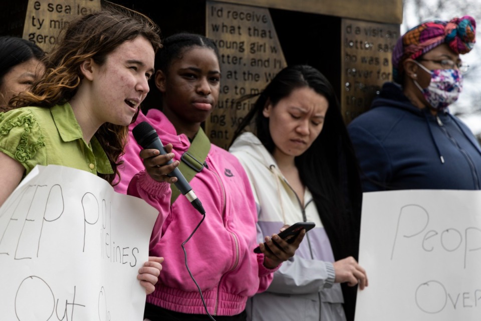 <strong>Sophia Overstreet, co-founder of Stop Poverty With Policy and a Houston High School student, left, speaks during a protest at the I AM A MAN Plaza. Stop Poverty with Policy will host a forum to address MATA transit issues with riders.&nbsp;</strong>(Brad Vest/Special to The Daily Memphian file)