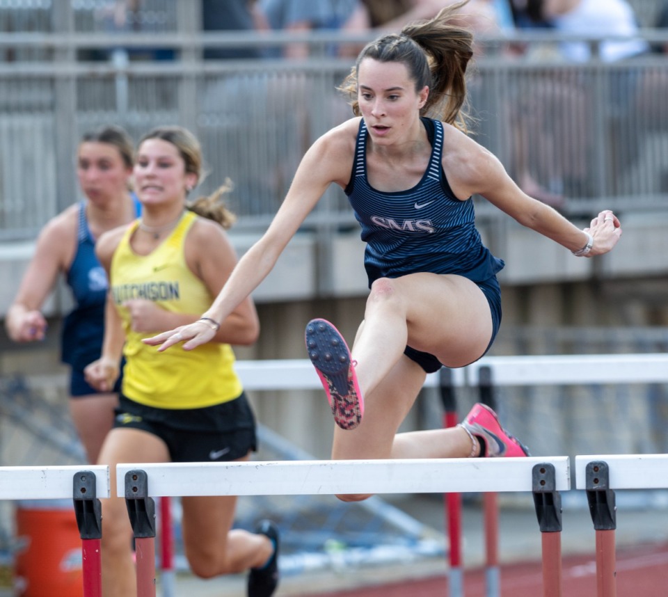 <strong>Amelia Dowling of St. Mary&rsquo;s finished first in the girls 100-meter hurdles at MUS on Thursday, May 12, 2022.&nbsp;</strong>(Greg Campbell/Special to The Daily Memphian)