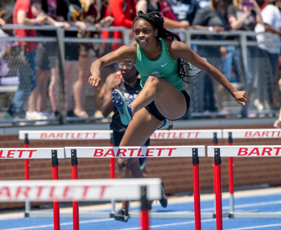 <strong>Ramya King of White Station High School won the women's 100m hurdles at the TSSAA Sectional Track Meet held at Bartlett High School, Saturday, May 14, 2022.</strong> (Greg Campbell/Special to The Daily Memphian)