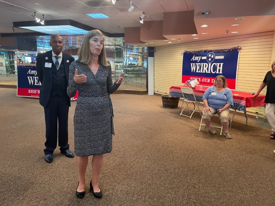 <strong>Shelby County District Attorney General&nbsp;Amy Weirich, joined by Stevie Moore, speaks to supporters at her campaign headquarters&rsquo; grand opening on Monday, May 16. Moore is founder of Freedom From Unnecessary Negatives.</strong> (Julia Baker/Daily Memphian)