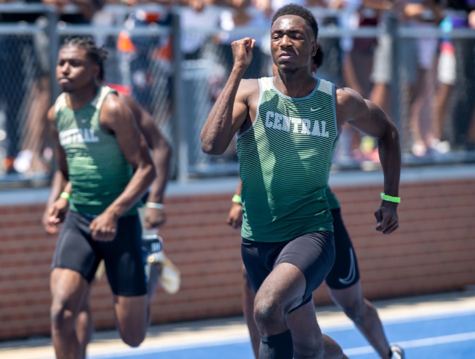 <strong>Jordan Ware of Central High School dominated the 100m dash with a time of 10.57 seconds at the TSSAA sectional track meet held at Bartlett High School, Saturday, May 14, 2022.</strong> (Greg Campbell/Special to The Daily Memphian)