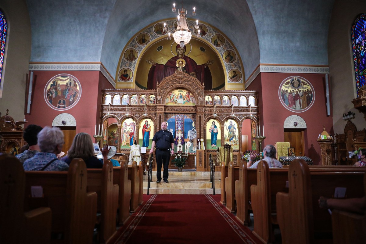 <strong>Father Simon Thomas gives a tour of Annunciation Greek Orthodox Church during Memphis Greek Festival on May 20, 2022.</strong> (Patrick Lantrip/Daily Memphian)