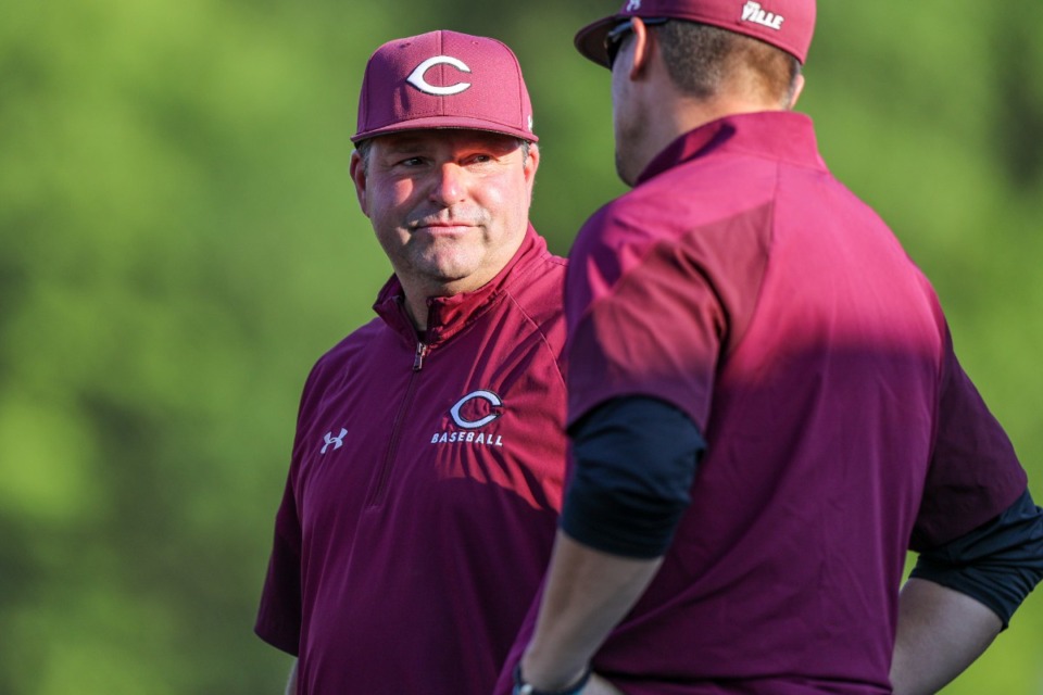 <strong>Collierville heaf coach Jeff Munier led his team against the Henry County Patriots on Friday, May 20, 2022.</strong> (Justin Ford/ Special to The Daily Memphian)