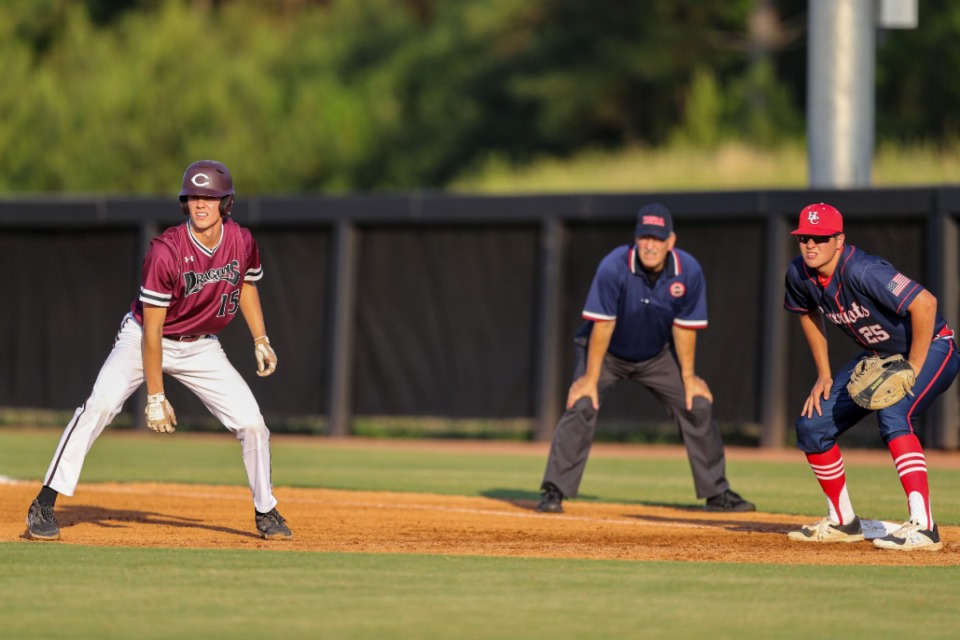 <strong>Collierville&rsquo;s Grant Ross leads off on first base during the game against the Henry County Patriots on Friday, May 20, 2022.</strong> (Justin Ford/ Special to The Daily Memphian)