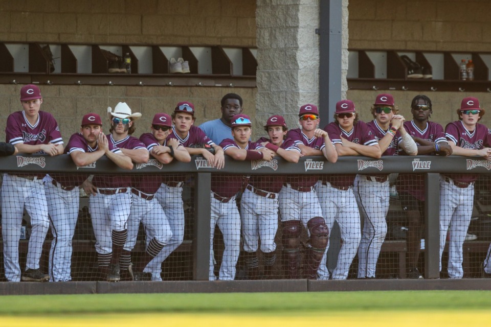 <strong>Collierville&rsquo;s baseball team looks on from the dugout during the game against the Henry County Patriots on Friday, May 20, 2022.</strong> (Justin Ford/ Special to The Daily Memphian)
