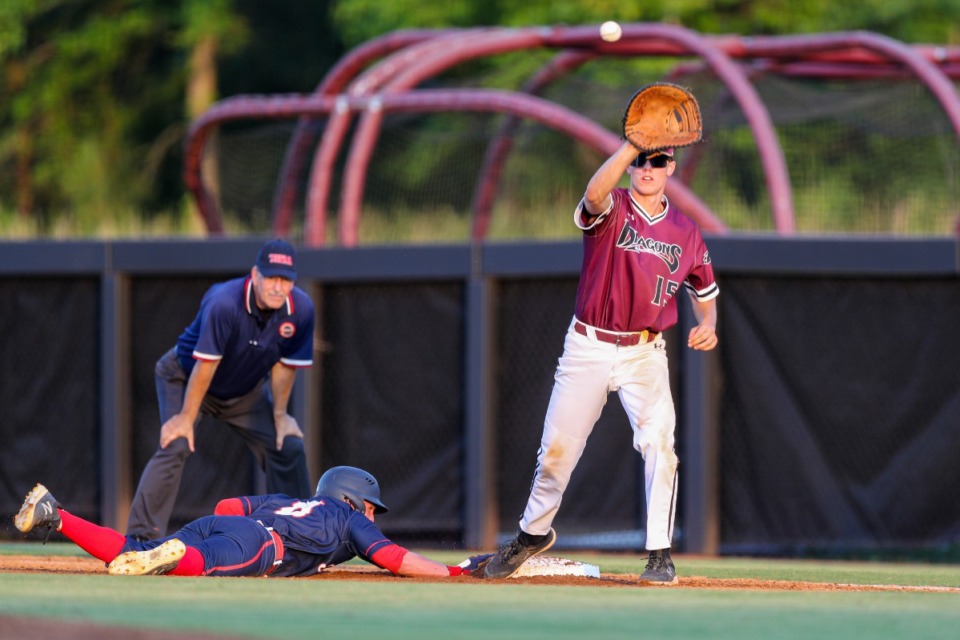 <strong>Collierville first basemen Grant Ross catches the ball during the game against the Henry County Patriots on Friday, May 20, 2022.</strong> (Justin Ford/ Special to The Daily Memphian)