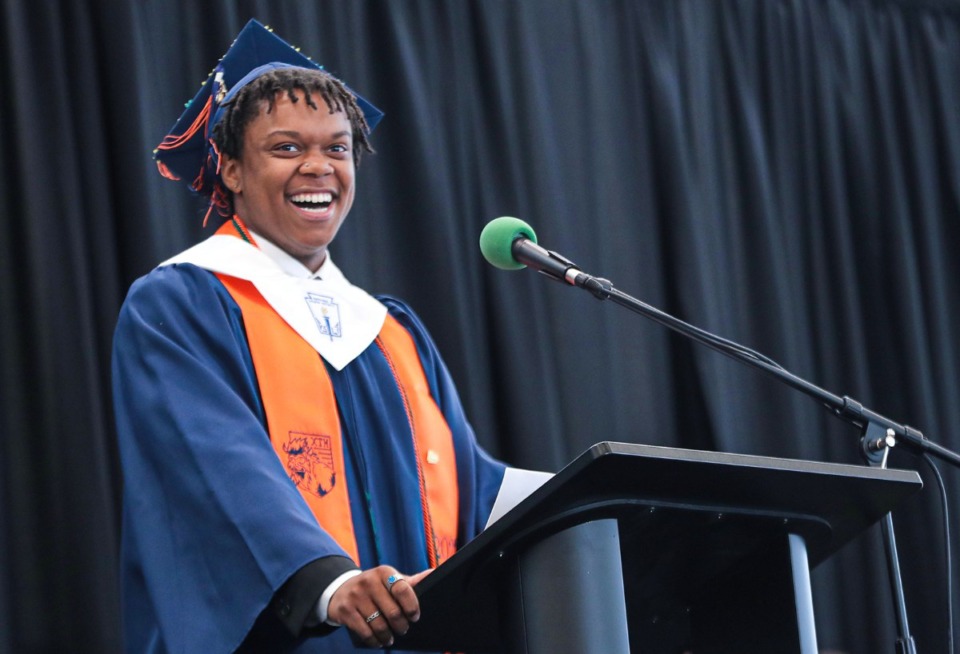 <strong>Crosstown High senior Chioke McKinney speaks during the school's first-ever graduation ceremony May 21, 2022.</strong> (Patrick Lantrip/Daily Memphian)