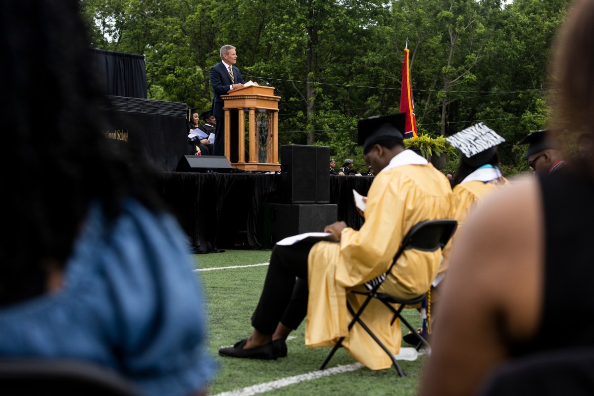 <strong>Gov. Bill Lee speaks during the 2022 Whitehaven High School graduation Saturday at Whitehaven High School.</strong> (Brad Vest/Special to The Daily Memphian)