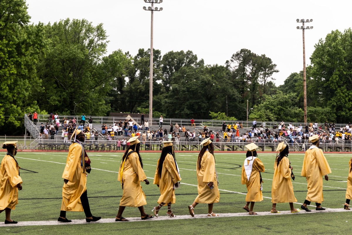 <strong>Whitehaven High School graduating seniors enter the school&rsquo;s football stadium Saturday at the start of their commencement.</strong> (Brad Vest/Special to The Daily Memphian)
