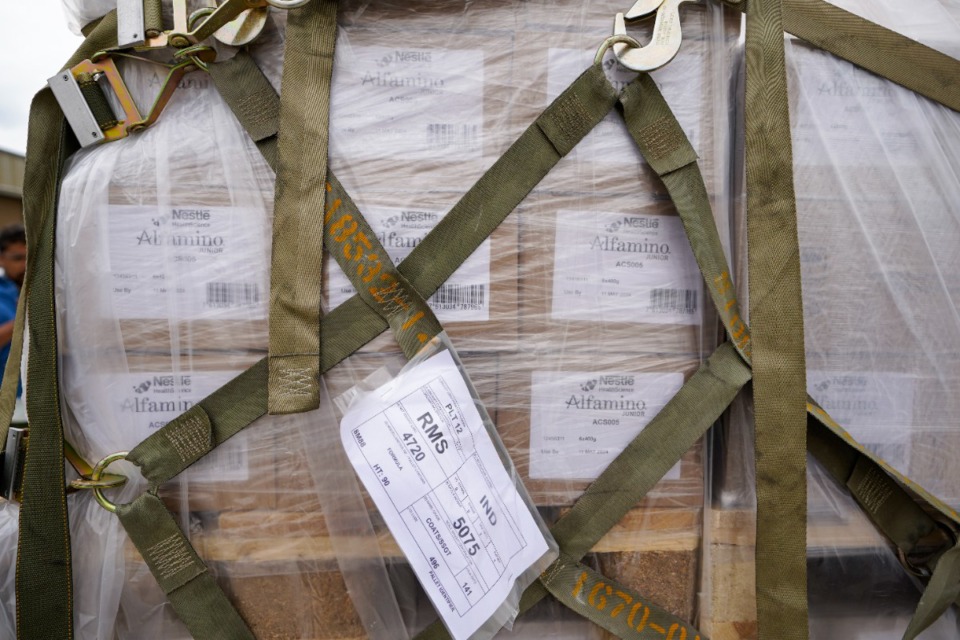 <strong>A military plane carrying enough specialty infant formula for more than half a million baby bottles arrived Sunday in Indianapolis,&nbsp;the first of several flights&nbsp;expected from Europe aimed at relieving a shortage that has sent parents scrambling to find enough to feed their children.</strong> (AP Photo/Michael Conroy)