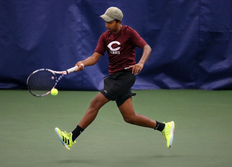 <strong>Collierville's Ranjay Arul runs for the ball during the tennis state championships in Murfreesboro, Tennessee May 28, 2021. Collierville&rsquo;s tennis team will face Hendersonville Tuesday in the&nbsp;Division AA boys competition.&nbsp;</strong>(Patrick Lantrip/Daily Memphian)