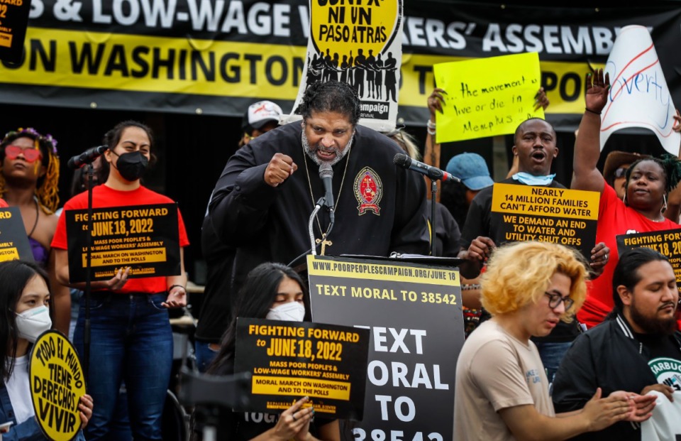 <strong>Rev. William J. Barber II, co-chair of the Poor People&rsquo;s Campaign, speaks to the hundreds of people gathered at the Poor People&rsquo;s Campaign rally on Monday, May 23, at the National Civil Rights Museum.</strong> (Mark Weber/The Daily Memphian)