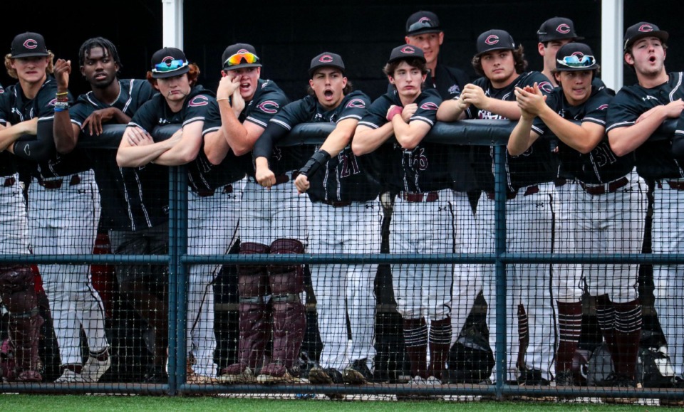 <strong>Collierville players cheer on their teammates during the May 24 state championship tournament game against Riverdale in Murfreesboro, Tennessee.</strong> (Patrick Lantrip/Daily Memphian)