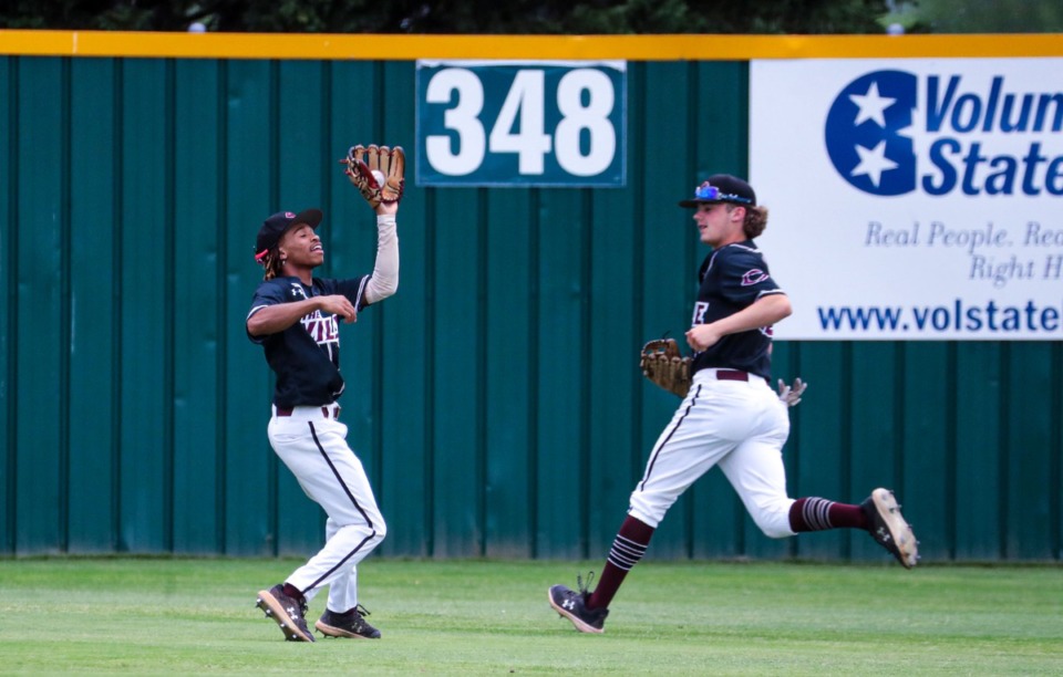 <strong>Collierville centerfielder Austin Smith (41) snags a fly ball during the May 24 state championship tournament game against Riverdale in Murfreesboro, Tennessee.</strong> (Patrick Lantrip/Daily Memphian)