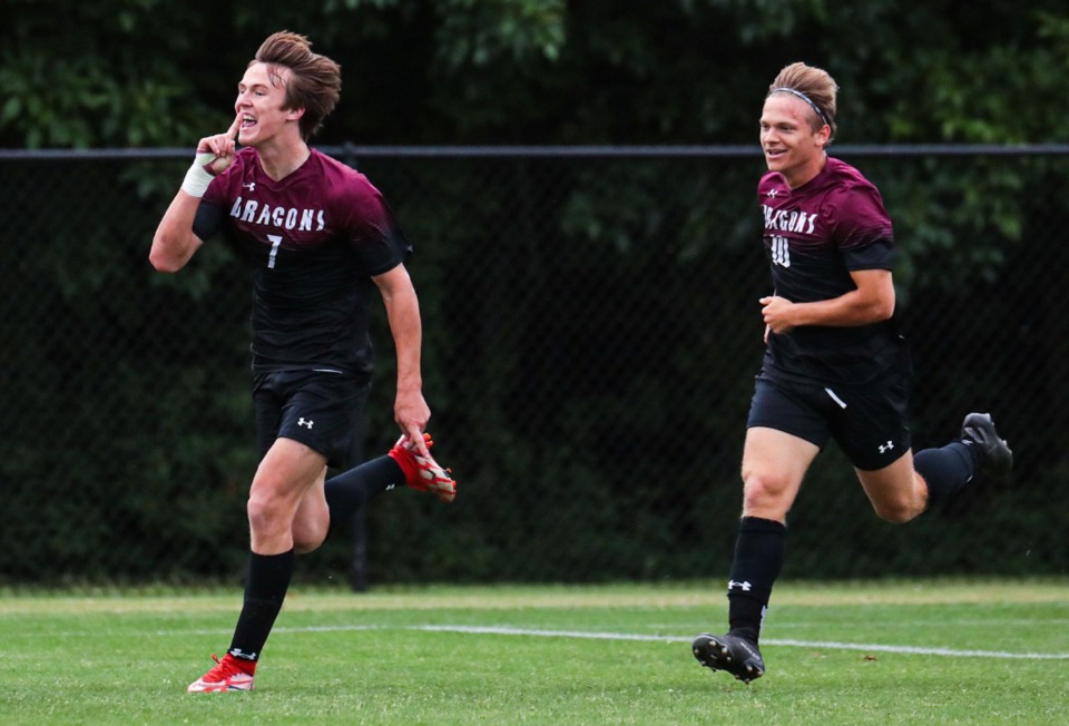 <strong>Collierville junior Luke Johnson (7) silences the crowd after scoring a goal during the state championship tournament match against Knoxville West on May 24 in Murfreesboro, Tennessee.</strong> (Patrick Lantrip/Daily Memphian)