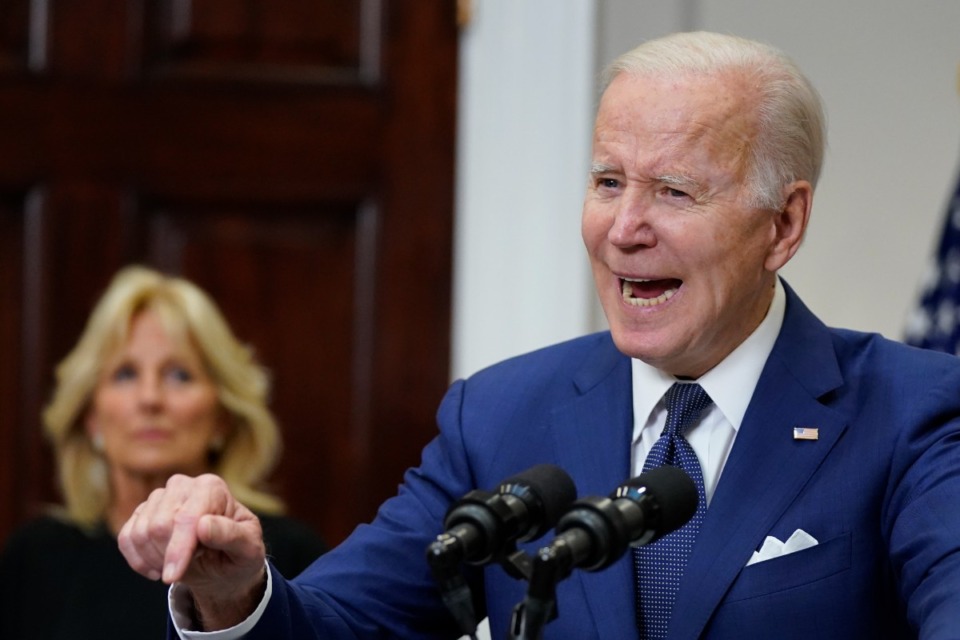 <strong>President Joe Biden speaks about the mass shooting at Robb Elementary School in Uvalde, Texas, from the White House, on Tuesday, May 24, as first lady Jill Biden listens.</strong> (Manuel Balce Ceneta/Associated Press)