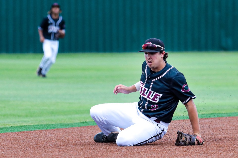 <strong>Collierville shortstop Cade Leatherwood (9) makes a sliding catch during the state championship tournament game against Riverdale on May 24 in Murfreesboro, Tennessee.</strong> (Patrick Lantrip/Daily Memphian)
